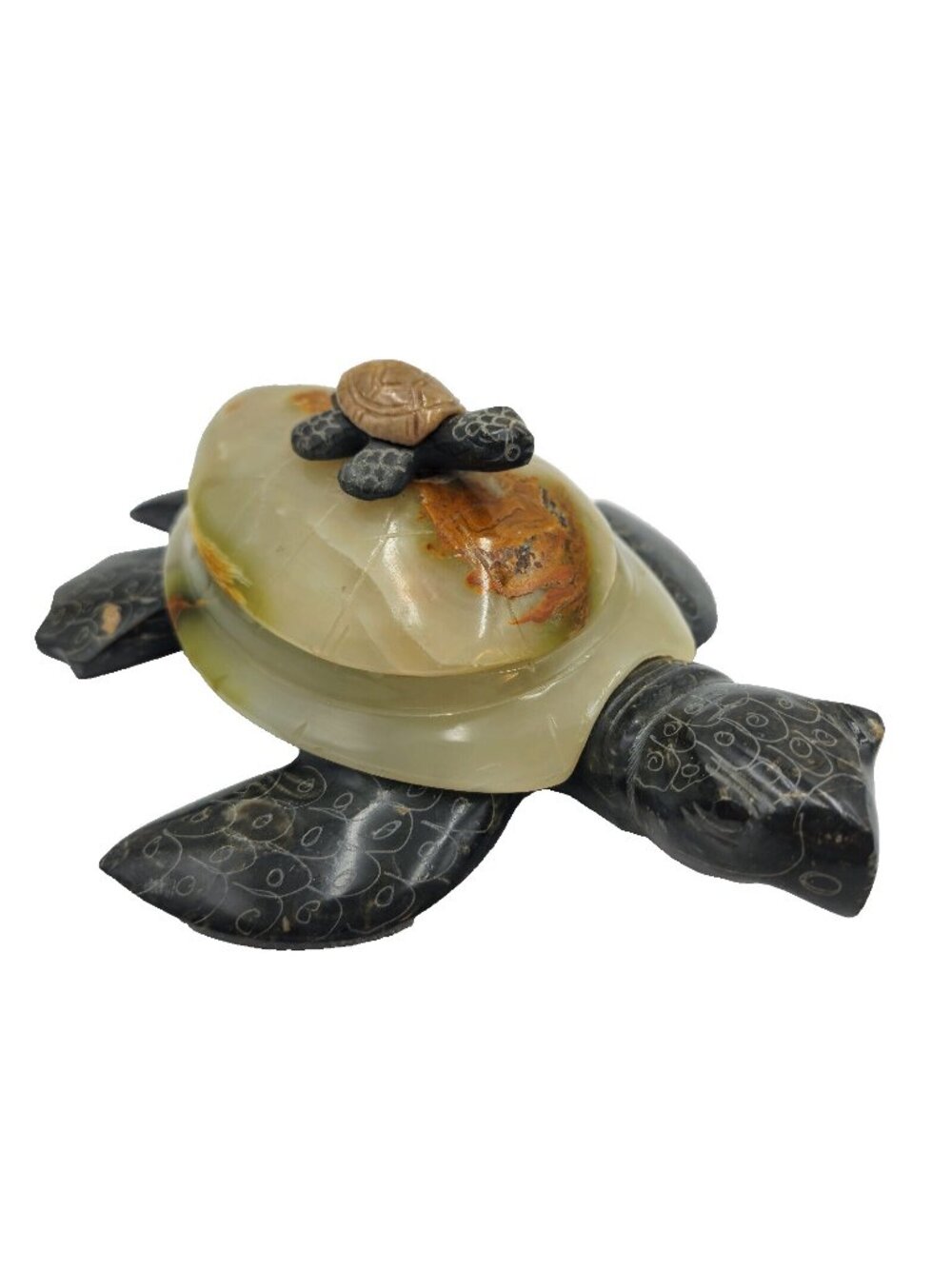 Stone Carved Turtle Box Hinged Lid Mother Baby Vintage Read